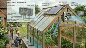 Step-by-step illustration showing the installation of a solar fan into a standard UK greenhouse glazing bar.
