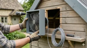 A detailed, photorealistic view of hands securing the specific grey solar-powered ventilation fan housing into the pre-cut timber wall of a chicken coop using a power drill, with the grey braided cable visible.