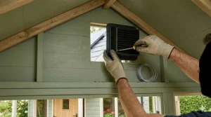 Step-by-step guide showing the easy DIY installation of a solar panel fan for a shed into a timber gable wall.