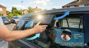 Close-up illustration of a person fitting a solar powered car ventilation fan into the window channel of a family hatchback.