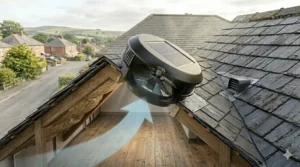 A high-quality close-up of a solar attic fan unit being professionally fitted onto a traditional British clay tile roof with secure weatherproofing.