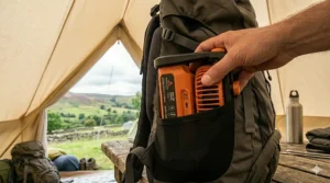 A compact, portable rechargeable fan for camping being tucked into the side mesh pocket of a hiking rucksack.