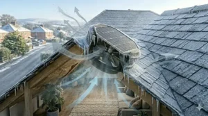A photorealistic scene of a solar attic fan operating on a frost-covered UK roof in winter to remove internal moisture and prevent loft dampness.