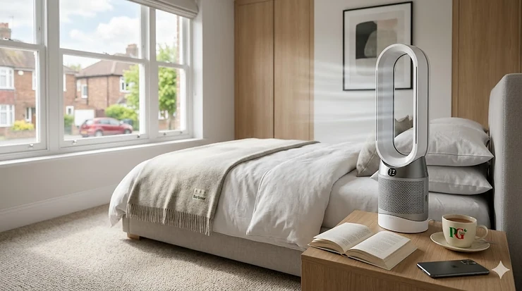 A high-end, oscillating bladeless bedroom fan with an integrated timer function, sitting on a wooden bedside table in a bright, modern British home with natural daylight. bedroom fan with timer
