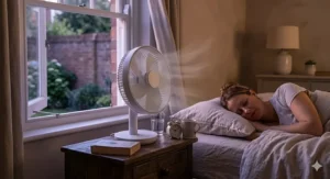 A portable rechargeable desk fan on a wooden bedside table, providing a gentle breeze for a woman sleeping in a bedroom with an open sash window and natural light.