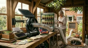 Close-up of a gardener using a lightweight solar powered fan with an integrated solar panel inside a greenhouse.