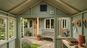 Illustration of a well-ventilated shed interior with a solar fan installed to prevent damp, mould, and condensation on garden tools.