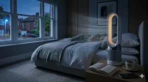 A quiet, white tower bedroom fan in "Night Mode" providing a gentle, undisturbed breeze in a softly lit British bedroom at night. The digital display subtly confirms the active timer setting.