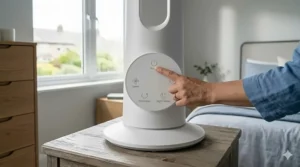 A detailed, photorealistic close-up illustration showing a hand pressing the 'Night Mode' icon on the user interface of a modern white bedroom fan under £50.