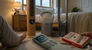 A quiet fan for the bedroom featuring an adjustable timer, perfect for cooling before sleep.