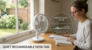 A whisper-quiet rechargeable desk fan on a wooden table next to a woman reading a book, highlighting low decibel levels for undisturbed study and work.