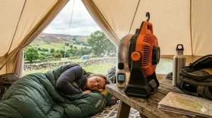 A camper sleeping in a green sleeping bag with a quiet rechargeable fan for camping running nearby, measured by a decibel meter.