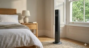 Quiet rechargeable tower fan positioned on a bedside rug in a bright British bedroom, providing a cool breeze for a comfortable night's sleep.