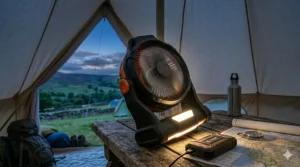 A multi-functional rechargeable fan for camping with its built-in LED lantern illuminated at dusk next to a Union Jack power bank.