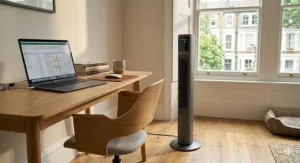Cordless rechargeable tower fan providing a cool breeze on a paved British garden patio surrounded by roses, lavender, and traditional garden furniture.