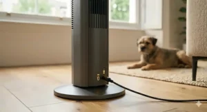 Compact rechargeable tower fan standing next to an oak desk with a laptop and a mug of tea in a bright UK home office.