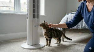 A photorealistic 4K illustration of a cat safely inspecting a modern white tower fan in a British bedroom, showing a secure, family-friendly design.