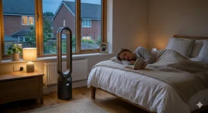 Close-up of a quiet bedroom fan display showing night mode settings for undisturbed sleep.