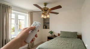 Silent-running three-blade bedroom ceiling fan with a DC motor, designed for undisturbed sleep in a UK home.