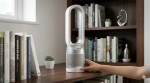 A 4K photorealistic image of the compact, slim bladeless fan repositioned from the bedside to a wooden bookshelf, showing its space-saving design while still displaying the active timer and sleep mode functions.