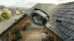 A clear, detailed view of the internal components of a solar attic fan, showing the high-efficiency motor and aerodynamically designed fan blades.