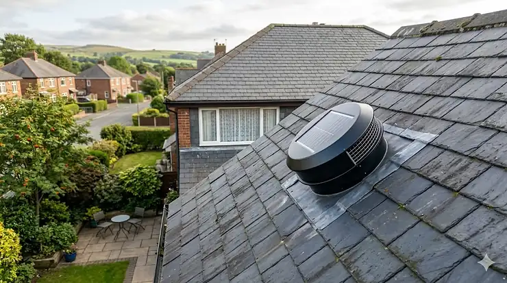 A photorealistic featured image of a solar attic fan installed on a grey slate roof of a modern British home, showing the solar panel catching natural daylight above a quiet suburban street. solar attic fan