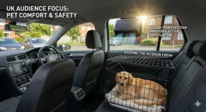 Illustration of a dog sitting in the boot of a car with a solar powered car ventilation fan providing airflow to keep the interior fresh.