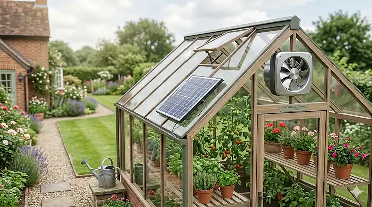 A high-efficiency solar fan for greenhouse installation mounted on a timber-framed garden glasshouse in the UK. solar fan for greenhouse