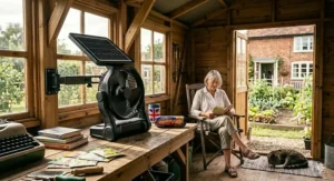 An eco-friendly solar powered fan installed in a timber greenhouse to protect plants and seedlings during a British summer.