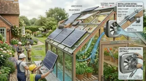 A solar-powered ventilation fan installed in a backyard polytunnel to reduce humidity and condensation.