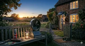 A solar powered fan with battery storage operating at dusk on a garden bench outside a traditional British brick cottage.