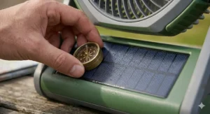 Detailed macro photograph focusing on the textured monocrystalline solar panels of a camping fan as a hand adjusts it, highlighting fine details under natural light.