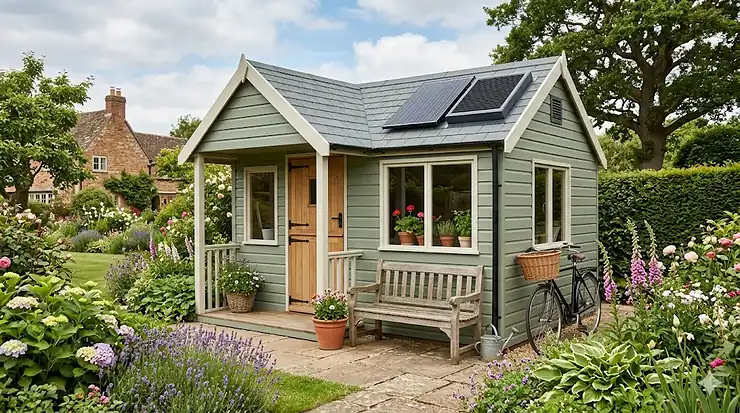 A solar panel fan for a shed installed on the apex roof of a wooden garden shed in a UK backyard to provide eco-friendly ventilation. solar panel fan for shed