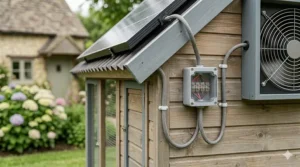 A neat, photorealistic flat-lay of a solar-powered fan kit for poultry sheds, including the monocrystalline solar panel, grey fan unit, connection cables, and mounting screws.