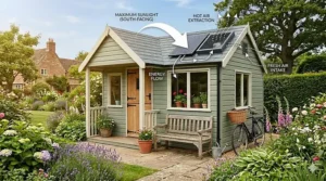 Illustration showing the optimal south-facing placement for a solar panel fan for a shed to maximise sun exposure in the UK.