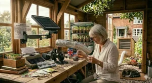 A solar powered fan kit being assembled on a workbench, showing the internal motor, blades, and a high-efficiency solar panel.