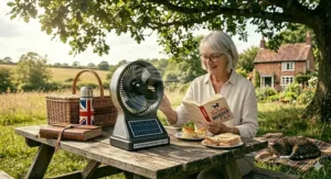 A solar powered fan cooling a seating area during a traditional British picnic with scones and sandwiches in a rural meadow.