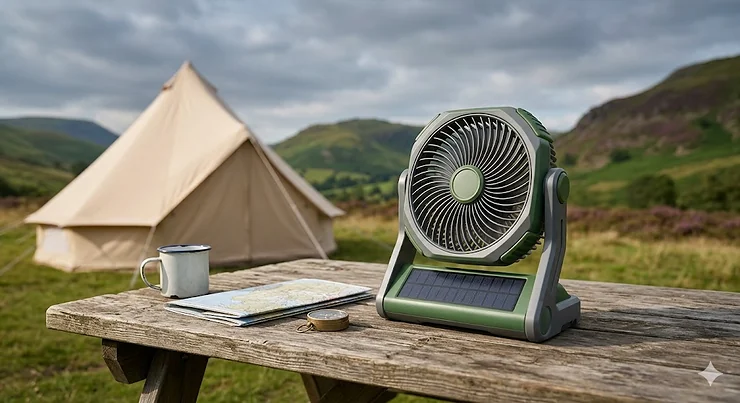 A portable solar powered camping fan placed on a wooden table outside a bell tent in a grassy UK campsite. solar powered camping fan