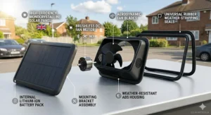 Exploded view of a solar powered car ventilation fan showing the high-efficiency solar panel, motor, and weather-stripping.