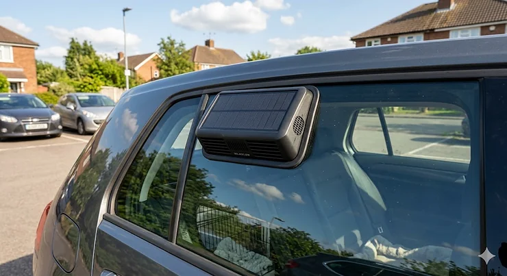A solar powered car ventilation fan installed on a car window, extracting hot air from the cabin during a sunny British summer day. solar powered car ventilation fan