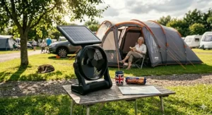 A portable solar powered fan providing ventilation on a wooden table at a UK campsite with a tent and caravan in the background.
