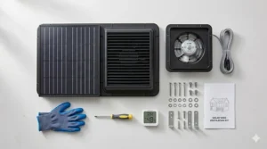 Overhead view of a complete solar panel fan for a shed kit, including the extraction fan, solar module, and mounting hardware.