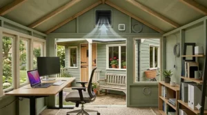 A solar panel fan for a shed used in a garden home office to maintain a comfortable temperature during summer months.