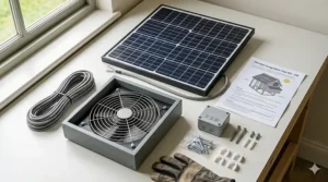 An informational graphic comparing a simple solar-powered fan system with a complex, mains-powered electric alternative for backyard poultry coops.