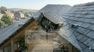 A comparison diagram illustrating the difference in airflow volume between an active solar-powered fan and a standard passive roof vent on a typical British house.