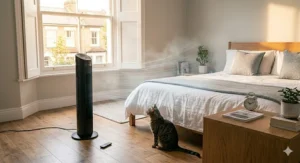 Wide-angle view of a tower fan providing cooling air circulation across a bedroom.