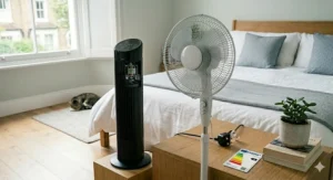 A comparison showing a modern tower fan beside a traditional pedestal fan in a bedroom.