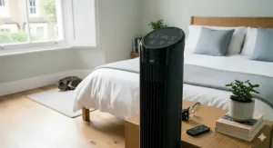Close-up of a tower fan control panel and remote, highlighting ease of use from bed.