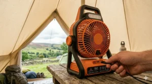A hand plugging a USB-C cable into the base of an orange and black rechargeable fan for camping on a wooden tabletop.