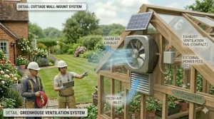 A durable, IP65-rated weatherproof solar fan designed to withstand British rain and wind conditions.